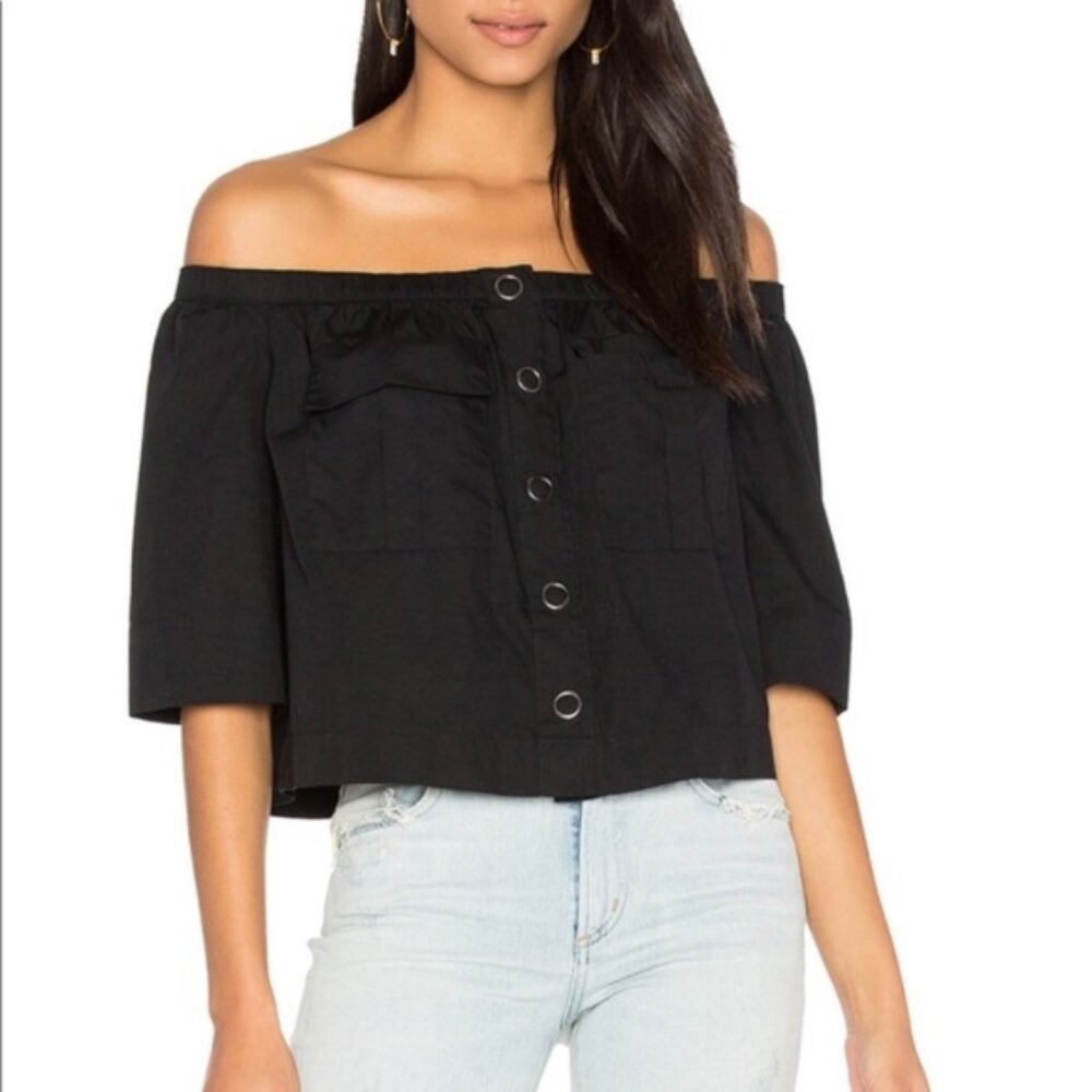 FREE PEOPLE Head Over Heels off the Shoulder Crop Top BLACK Large Snaps Sz M